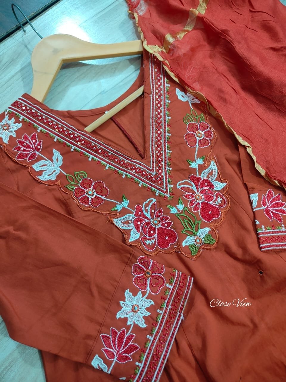 Orange Cotton Anarkali Suit Set with Mirror Work